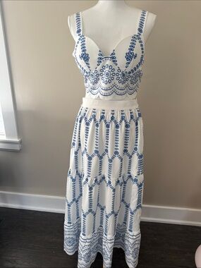Commense White Maxi Skirt with Blue Embroidery